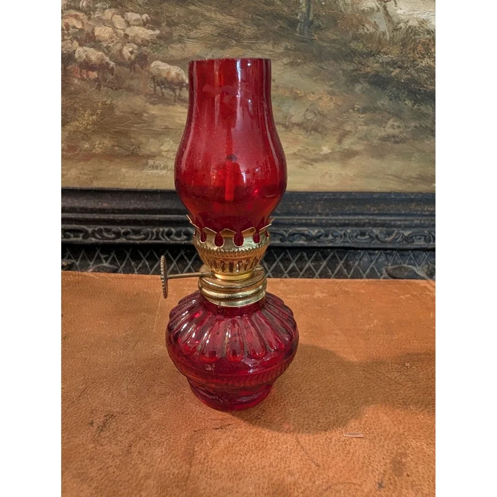 Vintage Miniature Ruby Red Glass Oil Lamp 4